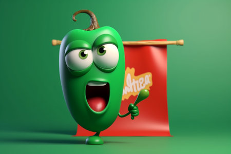 Cartoon character of green pepper with a flag. 3d illustrationの素材
