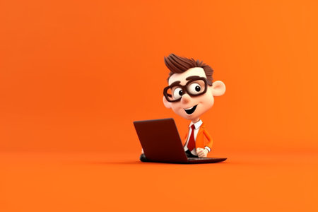 Cartoon character with laptop on orange background. 3d illustration.の素材