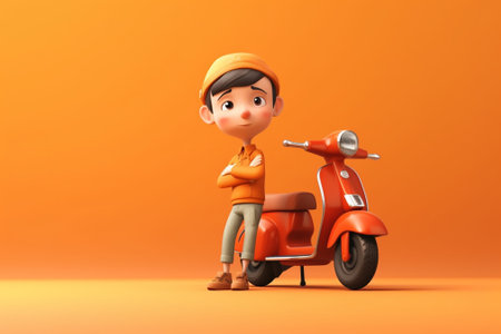 3D illustration of a cartoon character with a scooter on orange backgroundの素材