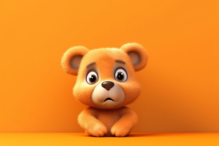 3d rendering of a cute little teddy bear on orange backgroundの素材