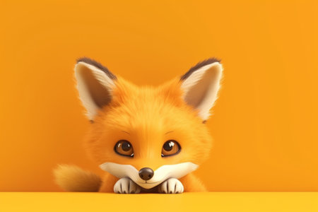 Cute little fox on yellow background, 3d rendering. Computer digital drawing.の素材