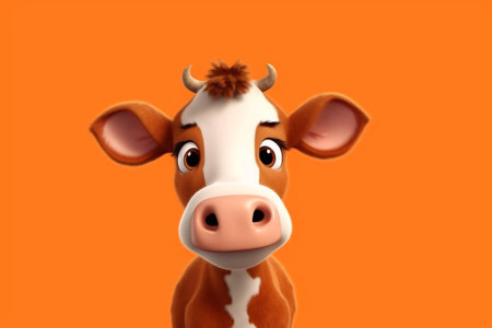 Cartoon cow isolated on orange background. 3d rendering illustration.の素材