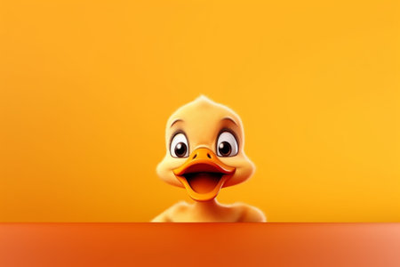 Cute little duckling on orange background. 3d illustration.の素材