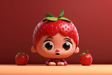Cute little boy with strawberry on red background. 3d renderingの素材