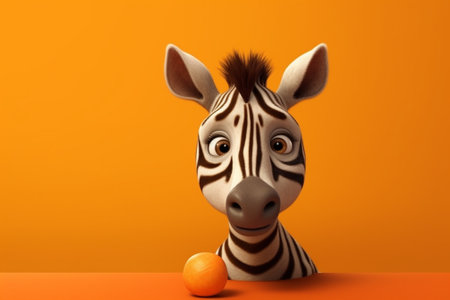 Funny zebra with orange on orange background, 3d illustrationの素材