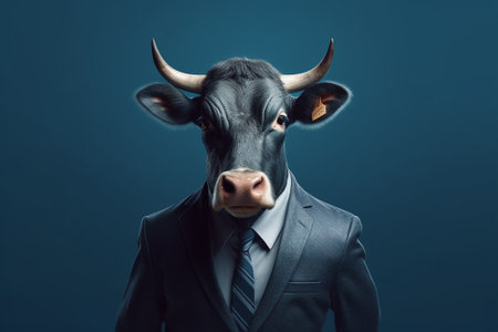 Businessman with a cow head on a blue background. Business conceptの素材