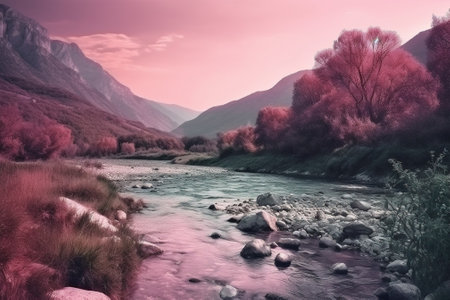 Beautiful autumn landscape with mountain river and red trees in the mountainsの素材