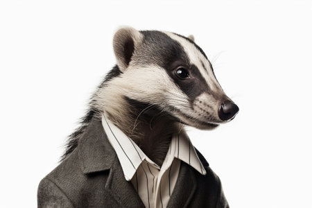 Portrait of a badger in a suit on a white backgroundの素材