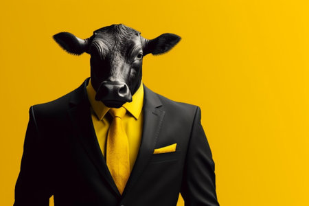 Cow in a black suit and yellow tie on a yellow background.の素材