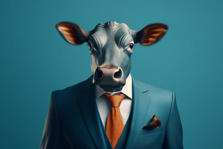 Businessman in a suit with a cow head on a blue backgroundの素材