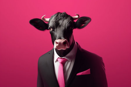 Funny black cow in a suit and tie on a pink backgroundの素材