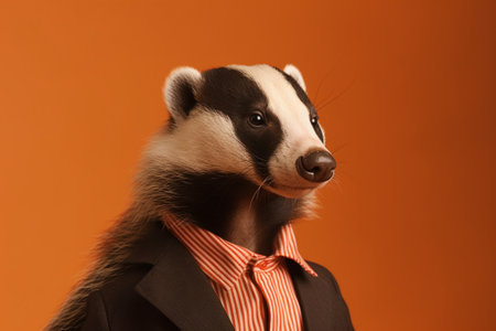 Portrait of a badger in a suit on a orange backgroundの素材