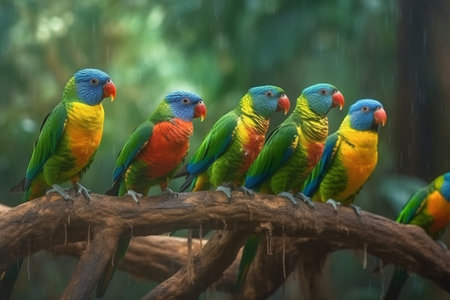 A group of colorful parrots sitting on a branch in the rainの素材