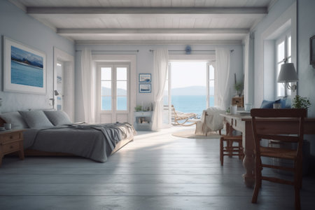 3D rendering of a bedroom in a loft with a sea viewの素材