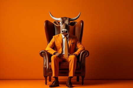Businessman portrait of a bull in an orange suit sitting in an armchair on orange backgroundの素材