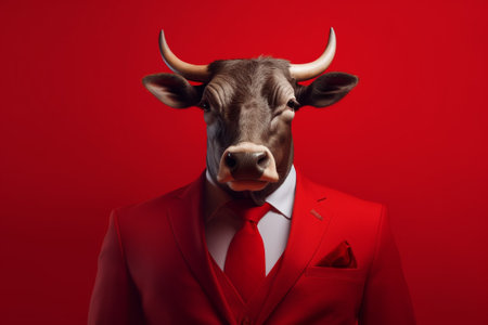 Portrait of a cow in a red suit and a red tie on a red backgroundの素材