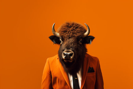 Portrait of a bison in a jacket on an orange backgroundの素材