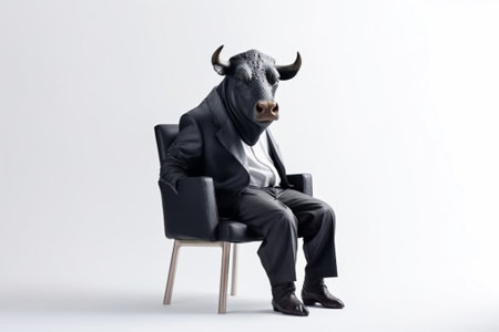 Bull businessman in a black suit sitting in an armchair on a white backgroundの素材