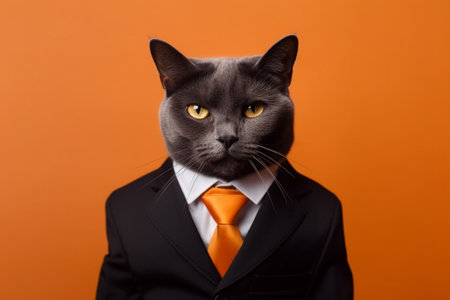 Portrait of a cat in a suit and tie on orange backgroundの素材