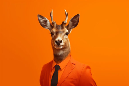 Portrait of a deer dressed in an orange suit on an orange backgroundの素材