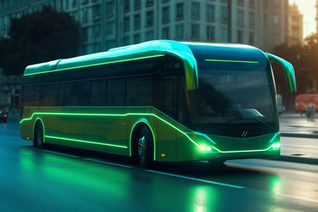 Green bus on the road in the city. 3d rendering.の素材