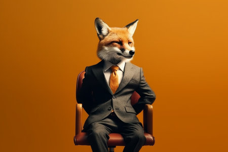 Portrait of a fox in a suit on an orange background.の素材