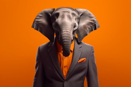 Portrait of an elephant in a suit on an orange background.の素材