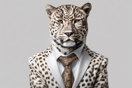 Leopard in a suit and tie on a gray background. Isolatedの素材