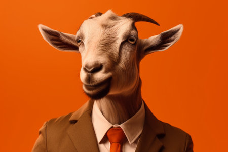 Portrait of a goat in a suit and tie on an orange backgroundの素材