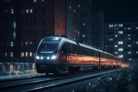 High-speed train in the city at night. Railway transportation.の素材