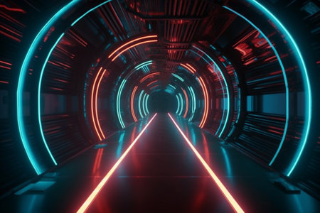 3D rendering. Futuristic tunnel corridor with glowing neon lights.の素材