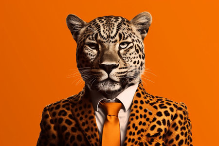 Leopard in a suit and tie on an orange background. Studio shot.の素材