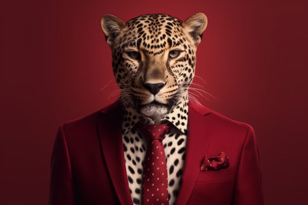 Portrait of a leopard in a red suit. Studio shot.の素材