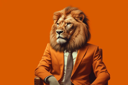 Portrait of a lion in a suit on an orange background.の素材