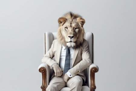 Portrait of a lion wearing a suit sitting in an armchairの素材