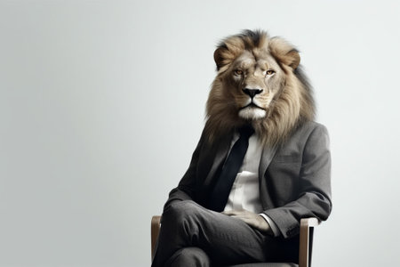 Portrait of a lion wearing a suit and tie sitting on a chairの素材