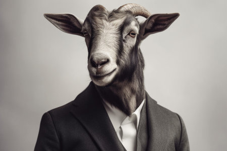 Portrait of a goat in a suit on a gray background.の素材