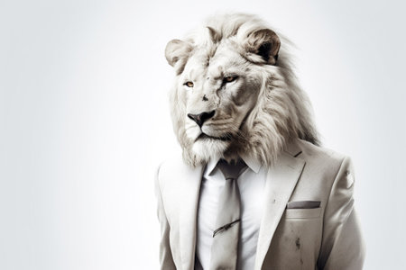 Portrait of a lion in a suit on a white background.の素材