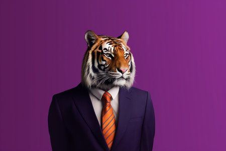 Portrait of a tiger in a business suit on a purple backgroundの素材