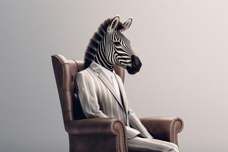 Businessman with zebra head sitting in armchair on grey backgroundの素材