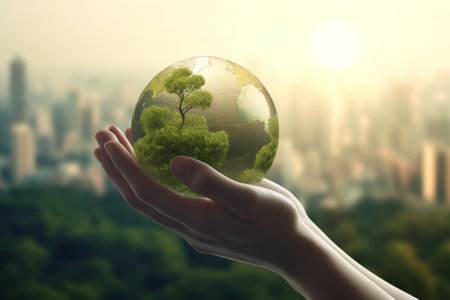 Close up of human hand holding Earth planet with green tree on blurred city backgroundの素材