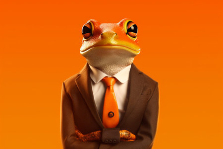 Frog in a business suit and tie on an orange background.の素材