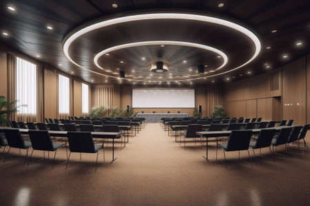 Modern conference hall interior with empty white screen. Mock up, 3D Renderingの素材
