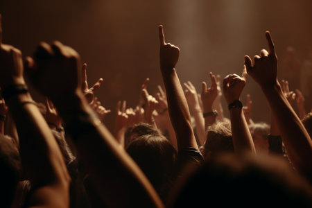 Crowd cheering at a concert, hands up in the air.の素材