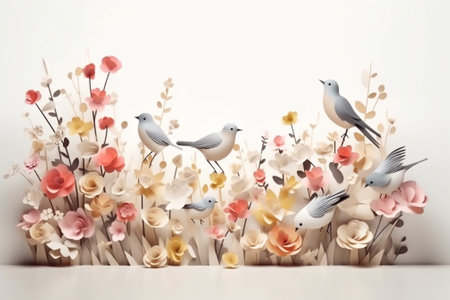 Flower arrangement with birds and flowers on a white background with copy spaceの素材