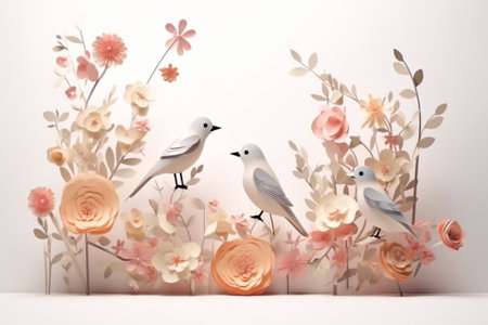 Couple of birds with flowers on white background, valentine conceptの素材