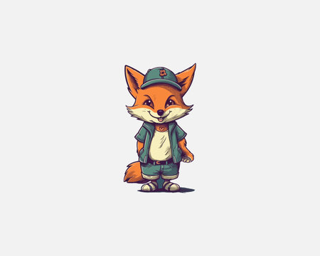 Illustration of a cute fox in a green jacket on a white backgroundのイラスト素材
