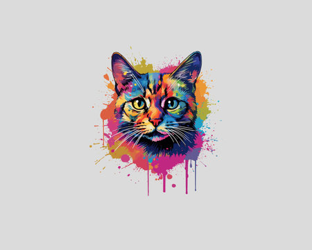 Colorful cat portrait with splashes of paint. Vector illustration.のイラスト素材