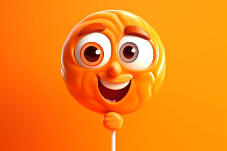 Lollipop with face on orange background. 3d illustration.の素材