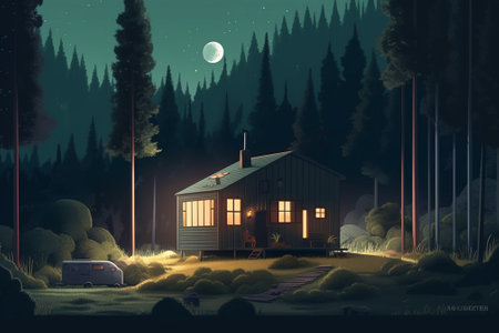 Wooden house in the forest at night. 3D illustration.の素材